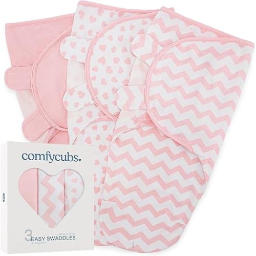 Comfy Cubs Easy Swaddle Blanket, 3 Pack -Large for 3-6 Months Infants, Breathable and Durable Sleep Sack for Babies - Pink
