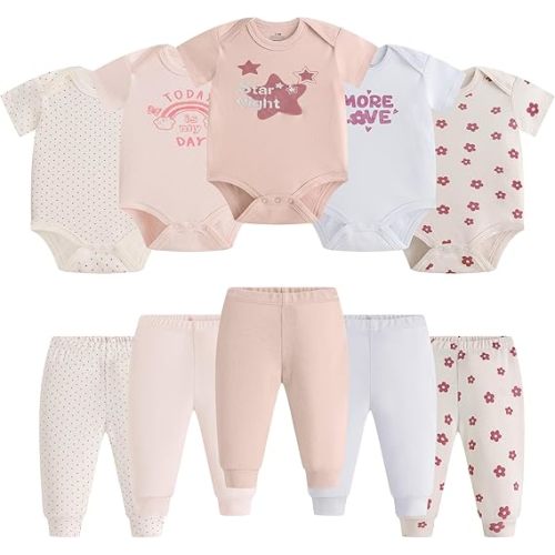 Infant Unisex Baby Bodysuit and Pant Sets Layette 10-pcs Cotton Soft Newborn Boy Girl Clothes Outfits
