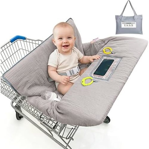 Muslin Shopping Cart Cover for Baby Soft & Breathable High Chair Covers for Restaurant Seat Grocery Cart Cover with Storage Pocket Machine Washable for Infant Toddler Boy Girl, Summer Wheat