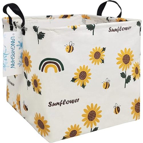 LANGYASHAN Square Storage Baskets Waterproof Canvas Children Laundry Nursery Hamper for Shelves Gift Baskets Toy Organizer Room Decor (Square Sunflower)