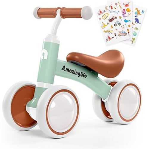 Balance Bike 1 Year Old, 10-24 Months Baby Balance Bike Toys, No Pedal Infant 4 Wheels Toddler Bike, Toddler Ride On Toys, Three Free Cartoon Stickers, First Birthday Gift for Boys Girls