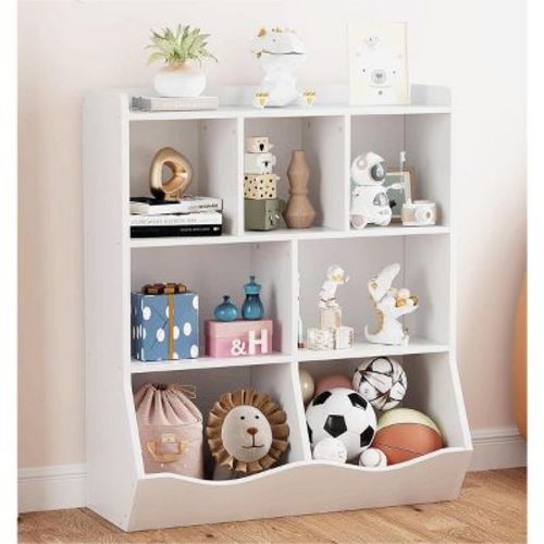 Acekool White Toy Storage Cabinet, 3-Tier Kids Bookshelf with Cubby Organizer, Open Compartments and Tilt Bins for Bedroom or Playroom