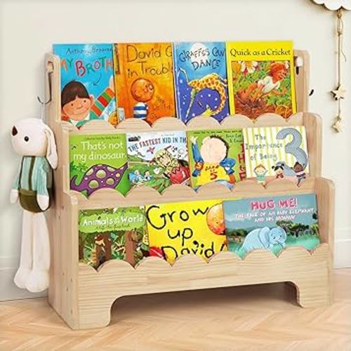 Kids Bookshelf Wooden 3-Tier, Scalloped Book Shelf for Kids Rooms, Front Facing Toddler Montessori Bookshelf, Baby Nursery Book Shelves Kid Classroom Book Shelf Bookcase