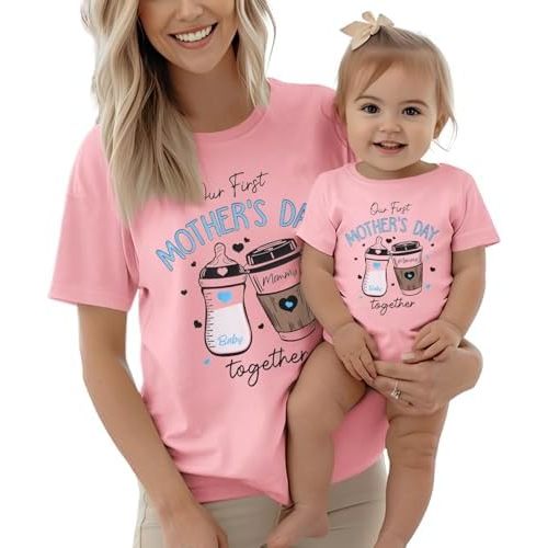 Our First Mothers Day Matching Outfit Mommy and Me T-Shirt Newborn Baby Girl Romper Milk Bottle Onesie New Mom Shirt