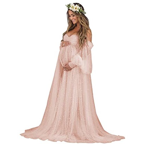 Pearl Tulle Maternity Dresses for Photoshoot Long Puffy Sleeve Off Shoulder Baby Shower Dress Pregnancy Gowns