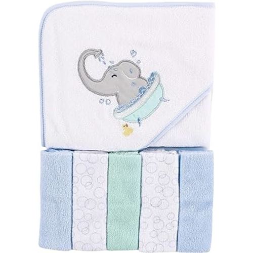 Luvable Friends Unisex Baby Hooded Towel with Five Washcloths, Elephant Bath, One Size