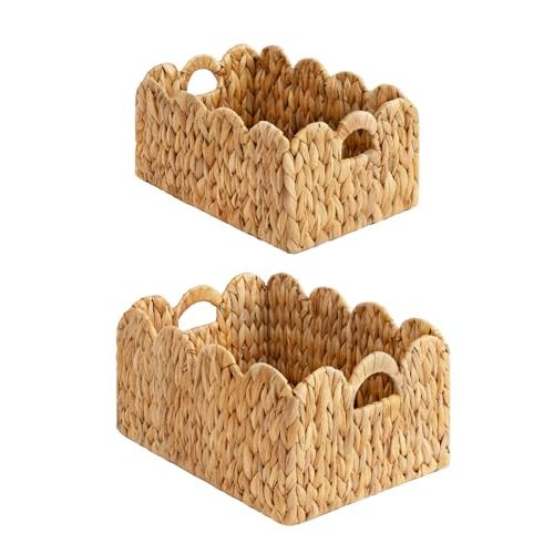 StorageWorks Scalloped Edge Wicker Basket, Hand-woven Rattan Baskets with Built-in Handles, Water Hyacinth Basket for Organizing and Decor, 2 Pack