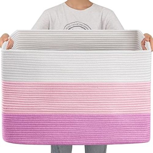 OIAHOMY 108L Super Large Blanket Basket, 25”x16”x16” Rectangle Woven Baskets for Storage, Cotton Rope Basket For Living Room, Toy Storage with Handle - Gradient Pink