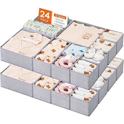 Lifewit Nursery Drawer Organizer for Clothes 24 Pack, Certified Child-safe Dresser Drawer Divider Storage Bins, Foldable Clothing Storage Basket for Baby Clothes/Underwear/Sock/Diaper in Closet