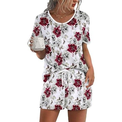 Ekouaer Pajama Set for Women 2 Piece Lounge Set Short Sleeve Tops and Shorts Soft Sleepwear, Chest Pocket