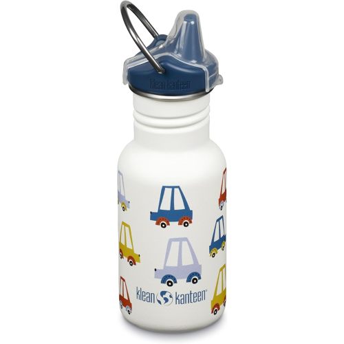 Klean Kanteen 12 oz Classic Kid's Sippy Bottle - For Little Hands - With Dust Cover & Attachable Loop - Durable, BPA-Free, Stainless Steel Material - Fits Interchangeable Caps - Cars