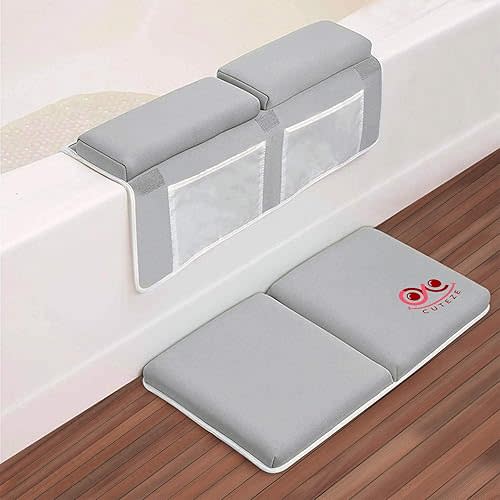 Baby Bath Kneeler and Elbow Rest Pad Set, 1.5 Inch Thick Non-Slip Bathing Kneeling Mat Cushion Support Quick Drying, Bathtub Kneeling Pad with Arm Support and Large Pockets, Gray