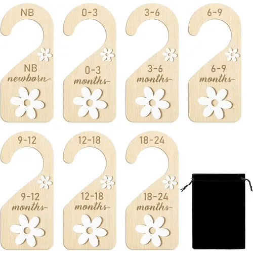R HORSE Wooden Baby Closet Dividers - 8Pcs Double-Sided 3D Daisy Nursery Closet Organizer Baby Clothes Size Hanger Dividers Newborn Nursery Decor Birthday Gift for Boy Girl (0-24 Months)