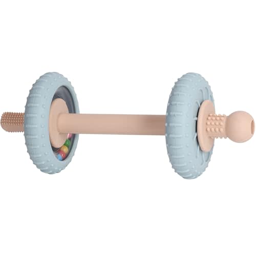 Baby Teething Toys Baby Rattle Teething Straw 3-in-1 Barbell-Shaped | Made from Silicone, Built-in Toothbrush Head and Nipple Shape, Bpa-Free, Phthalate Free, Professionally Certified, Blue