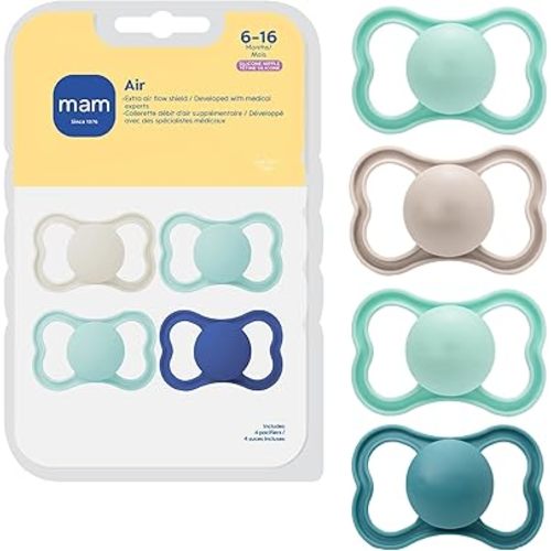 MAM Air Pacifier for Babies 6-16 Months, Extra Air Flow for Sensitive Skin, Developed with Medical Experts, BPA-Free Skin Soft Silicone, 4 Count, Made in Europe