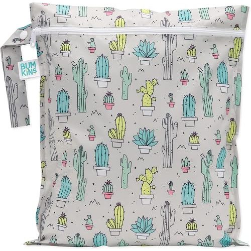 Bumkins Waterproof Wet Bag for Baby, Travel, Swim Suit, Cloth Diapers, Pump Parts, Pool, Beach, Gym Clothes, Toiletry, Hook to Stroller, Daycare, Zipper Reusable Wetdry Packing Pouch, Cactus Green