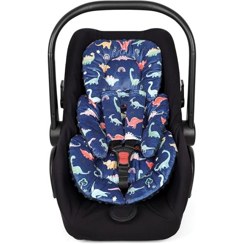 Infant Car Seat Insert Cushion, Super Soft Baby Car Seat Head Support & 2 Straps Pads, Reversible Preemie Newborn Carseat Insert, Fit Car Seat, Stroller, Infant Bouncer, Blue Dinosaur