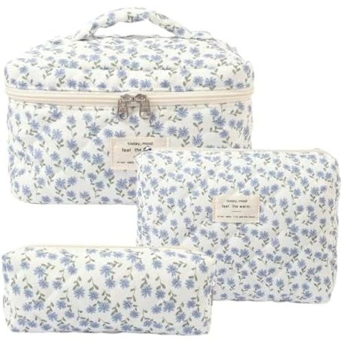 Makeup Bag, 3 PCS Quilted Makeup Bag, Cute Floral Cotton Cosmetic Bag set, Coquette Makeup Pouch Large Travel Toiletry Bag