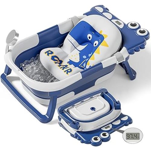 TPN Collapsible Baby Bathtub, Baby Bath Tub with Soft Cushion & Real-Time Thermometer, Baby Bathtub Infant to Toddler Tub (0-36 Months), Portable Travel Baby Tubs for Newborns (Navy Blue)