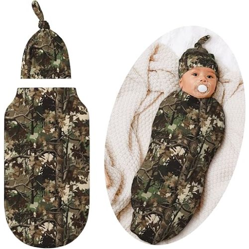 Camo Swaddle Blankets Newborn Receiving Blanket Baby Swaddle Wrap with Hat, Hunting Soft Sleeping Clothes for Baby Girls Boys