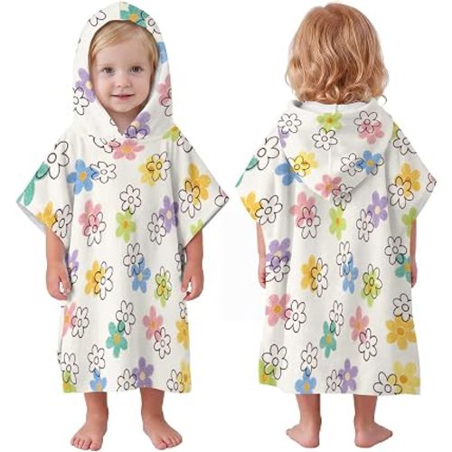 Flower Hooded Poncho Towel for Toddlers 2-4 Years, 21"x21" Quick Dry Absorbent Kids Bath Poncho, Cute Rainbow Floral Print for Girls, Perfect for Pool, Beach & Bath