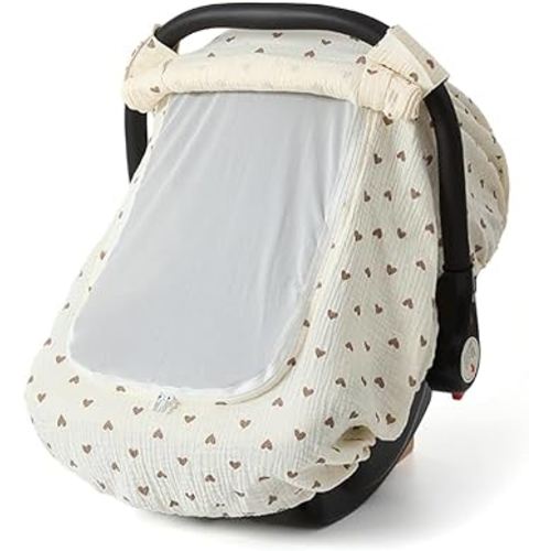 Muslin Cotton Baby Car Seat Cover for Boys and Girls, Summer Baby Car Seat Covers Infant Car Seat Canopy with Breathable Mesh Window Windproof Carseat Cover for Babies (Cream)