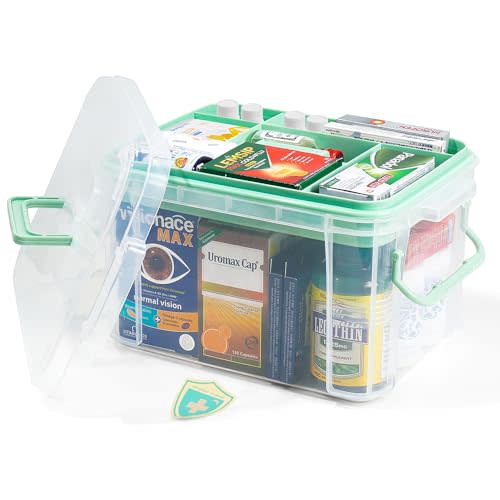 HEY FOLY 15qt Clear Medicine Organizer Storage Box with Tray, Plastic First Aid Box Empty, Thickened Medicine Container Chest, Multipurpose Medical Case with Labels, Medicine Caddy with Lids Handles