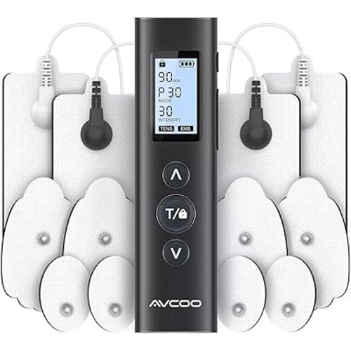AVCOO 30 Modes TENS EMS Unit Compact Muscle Stimulator for Pain Relief of Back, Shoulder, Neck, Rechargeable & Portable Dual Channel EMS Muscle Stimulator with 30 Intensity Levels, 12 Electrode Pads
