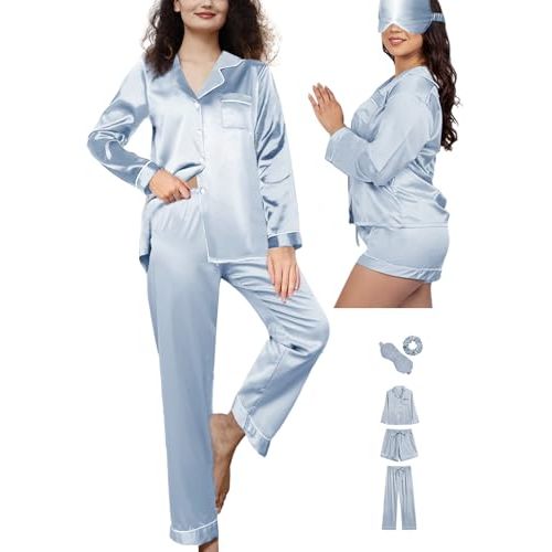WJing Yi Jia 5Pcs XS-XXL Womens Silk Satin Pajamas Sets Long Pj Sets Button Down Pjs Set Loungewear Sleepwear