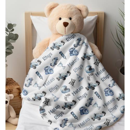 Race Car Baby Boy Personalize Blanket, Toddler Birthday Gift, Vintage Racing Car Nursery, Baby Shower Gift, Custom Race Car Boy Name Blanket