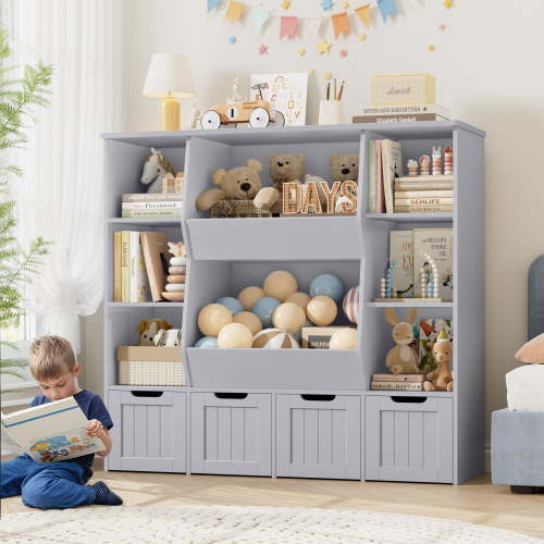 Homfa Kids Bookcase,Children's Book Shelf with 4 Drawers for Storage,Toddler Bookshelf for Nursery,Kids Rooms, Gray