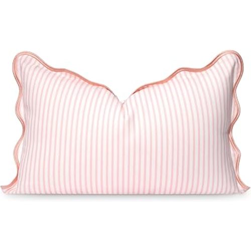 Hofdeco Premium Coastal Patio Indoor Outdoor Scalloped Lumbar Pillow Cover Only, 12"x20" Water Repellent for Backyard, Couch, Blush Pink Print Stripes