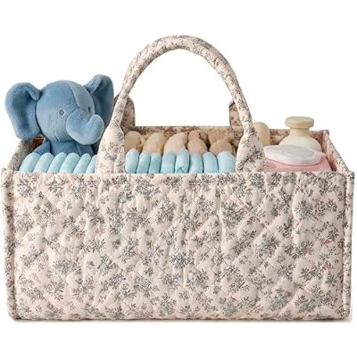 Quilted Fabric Storage Basket Floral Baby Diaper Caddy Quilted Basket Organizer for Newborn Nursery Bedroom Car Storage (Beige florals)