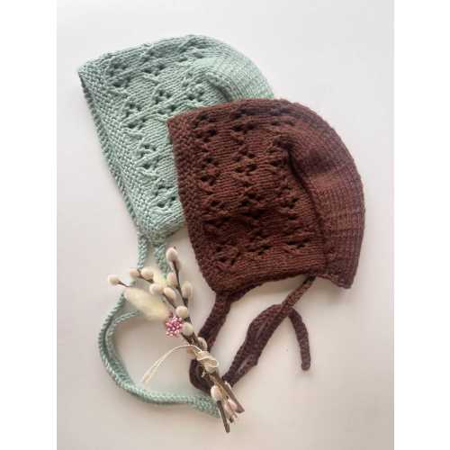 Handmade Organic Cotton Baby Bonnet, Vintage Lace Pixie Hat, Sage Green Chocolate Brown