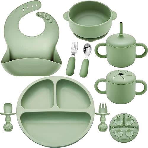 Silicone Baby Feeding Set, Baby Led Weaning Supplies, Eating Essentials Utensils with Suction Plate and Bowl, Pocket Bib, Sippy Cup with Lid, Forks Spoons Snack Container, for 6+ Months, Green