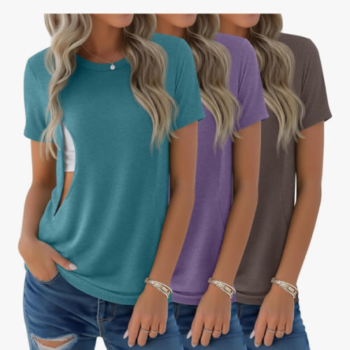 3 Pack Women's Nursing Shirts for Breastfeeding with Zippers Maternity Loose Short Sleeve Tops Pregnancy Clothes