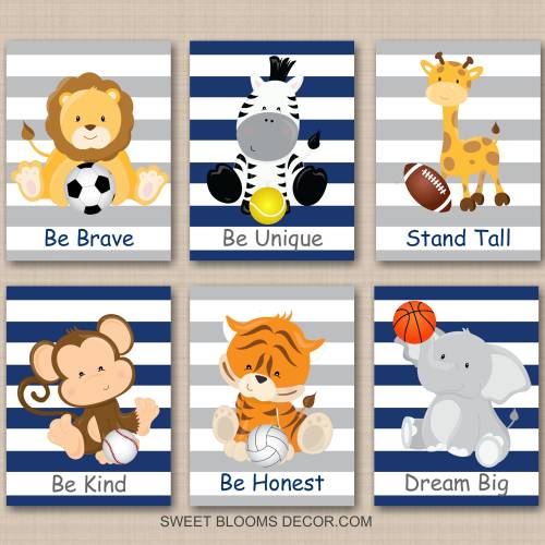 Safari Animals Sports Nursery Wall Art Decor Future All Star Navy Blue Gray Be Brave Curious Kind Yourself Stand Tall Baby Shower Gift C913