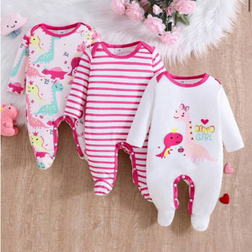 3pcs/Set Cute Dinosaur Striped Newborn Baby Rompers | SHEIN USA