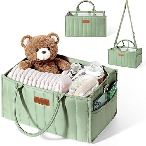 Zooawa Baby Diaper Caddy Organizer, Portable Nursery Storage Basket with Compartments, Handle & Shoulder Strap for Newborn Baby Essentials, Gift for Baby Shower, Nursery, Travel, Car, Matcha Green