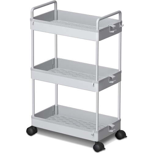 3 Tier Slim Rolling Storage Cart with Wheels Plastic Utility Cart Organizer for Snack Craft Art Postpartum Baby Diaper Nail Makeup in Bathroom Laundry Room Kitchen Bedside Narrow Space, Grey