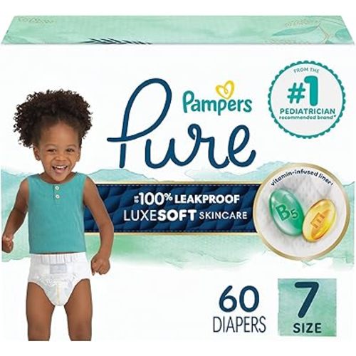 Pampers Baby Diapers - Pure Protection - Size 7, 60 Count, for up to 100% Leakproof, Premium Plant-based Skin Protection