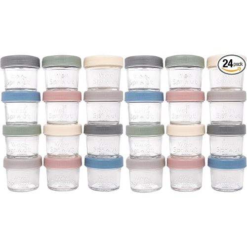 WeeSprout Baby Food Storage Glass Jars w/Lids (4 oz, 24 Pack) Matte Variety, Snack, Reusable Small Containers, Fridge or Freezer, Microwave & Dishwasher Safe, Essentials for Infants