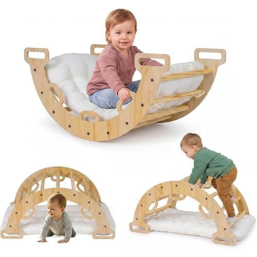 Costzon Wooden Rocking Climbing Arch w/Cushion, 3-in-1 Montessori Kids Climber Rocker for Toddlers, Playground Climbing Ladder Toy, Indoor Gym Learning Playset for Boys Girls Ages 1+ (Wood Color)