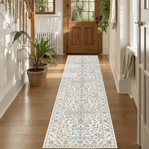 Runner Rugs for Hallway, 2x8 Washable Soft Non Slip Floor Rugs for Kitchen, Modern Mat for Living Room Bedroom Entryway White & Blue