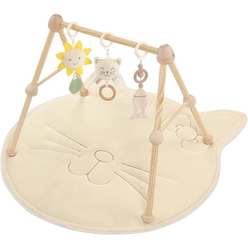4-in-1 Wooden Baby Play Gym & Activity Mat, Soft Cotton Tummy Time Mat for Babies 0+,with 3 Detachable Toys for Sensory & Motor Skill Development,Newborn Infant Baby Essentials Gift,Kitten