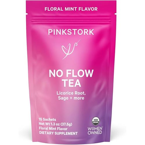 Pink Stork No Flow - Organic Sage Tea to Dry Up Breast Milk Supply and Decrease Milk Production, Stop Breastfeeding, Wean Lactation Naturally, Postpartum Essentials - Hot or Iced - 15 Sachets