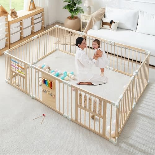 GGF Wooden Playpen Play Yards for Babies and Toddlers, Foldable Wood Baby Play Fence with Locking Gate, Kids Activity Area Center Indoor Outdoor,79 * 71inch
