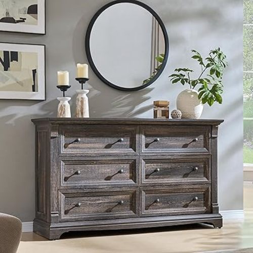 Farmhouse 6 Drawers Dresser for Bedroom, 54" Wide Large Dressers & Chests of Drawers w/Roman Column, Wooden Dresser TV Stand with Large Drawers for Nursery Bedroom Living Room Hallway,Dark Rustic Oak