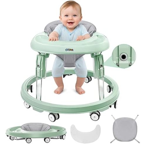 Baby Walker with Wheels, One-Touch Folding Portable Baby Walkers with Height Adjustment, Large Dinner Plate and Brake, Walker for Baby Boy Girls 6-18 Months, Green