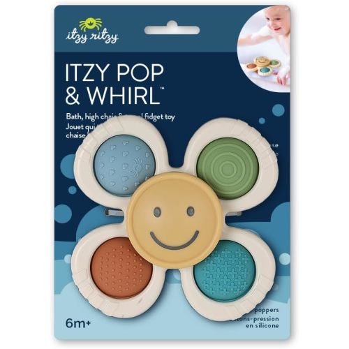 Itzy Ritzy Pop & Whirl – Fidget Spinner Travel & Bath Toy for Babies & Toddlers – Fidget w/Textured Silicone Poppers to Develop Fine Motor Skills – Sticks to Highchairs, Tables, Tubs More (Smile)